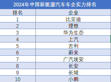 2024年中国新能源汽车车企实力排名