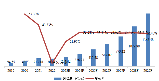 中国市场AI视觉芯片销售额及增长率(2019-2029年)