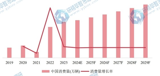 中国市场自行车消费量、增长率及发展预测（2019-2029年）