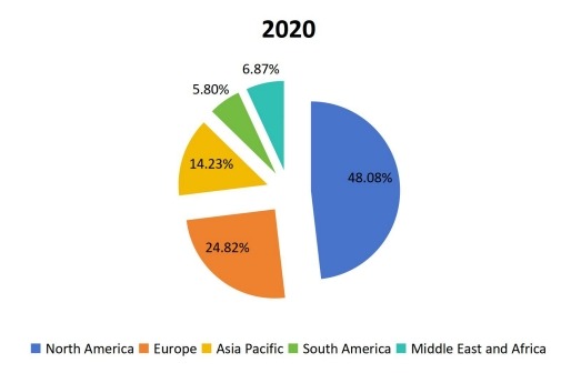 2020年按地区划分的全球合成数据软件销售收入市场份额