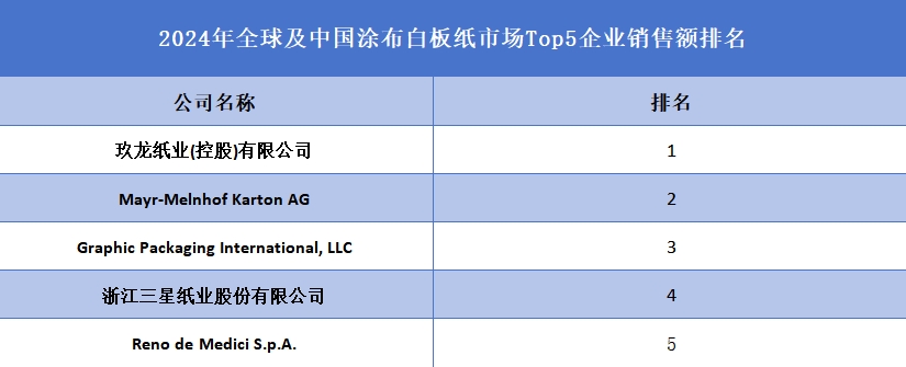 2024年全球及中国涂布白板纸市场Top5企业销售额排名